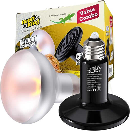Reptile Dual Heat Lamp: 150W Ceramic Heat Emitter and Daylight Basking Bulb – Heat Bulbs Combo for Terrariums, Ideal for Bearded Dragons, Tortoises, Snakes