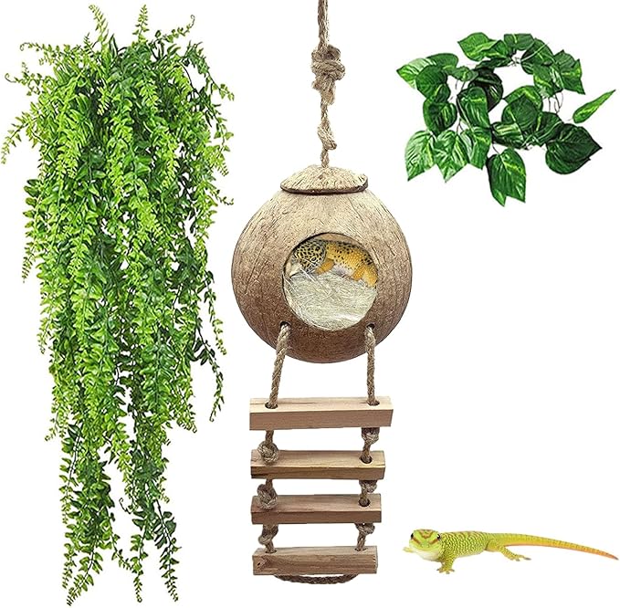 kathson Leopard Gecko Coconut Husk Hut Reptile Habitat Accessories Hideout Hole Climbing Ladder Bendable Hanging Plants Sleeping Hiding Breeding Apply to Amphibians and Small Animals