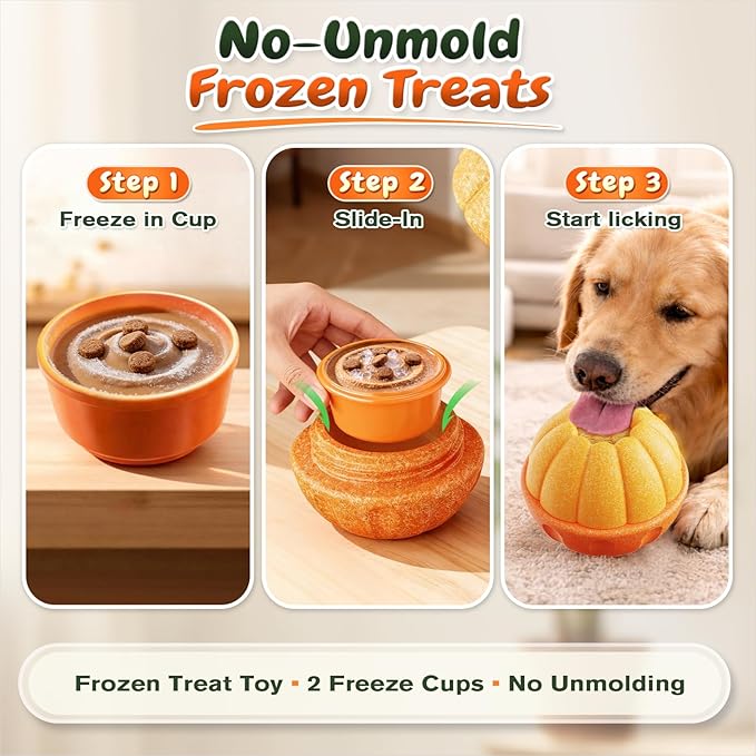 KADTC 3-in-1 Dog Frozen Treat Ball, Large Size, No-Transfer Fill & Freeze Lick Cup, Treat Dispenser & Tough Chew Toy, Long-Lasting Enrichment Toy for Dogs, Orange-Shaped
