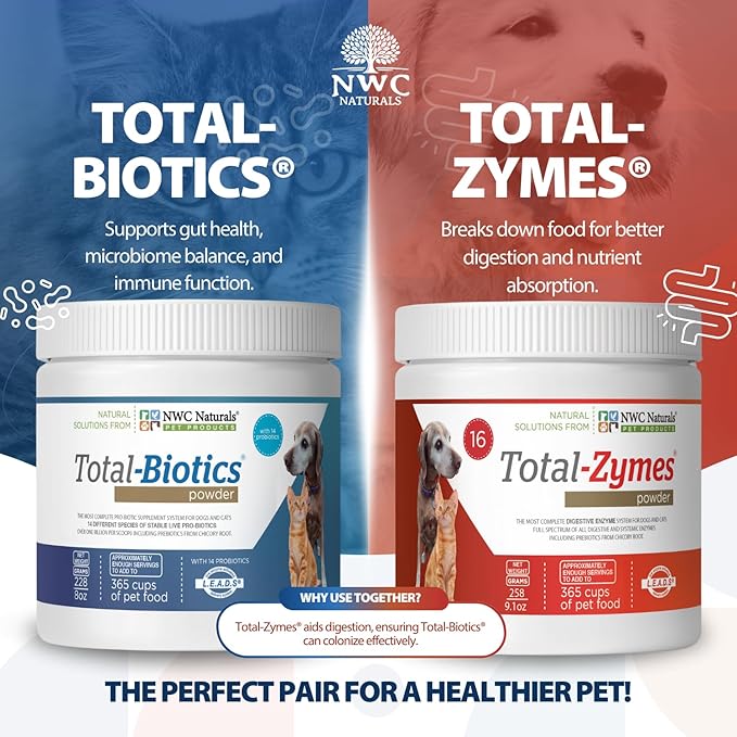 Twin Pack - Probiotics and Digestive Enzymes for dogs and cats one Total-Zymes and one Total-Biotics 8-Ounce