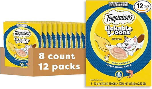 Temptations Lickable Spoons, Soft Lickable Cat Treats, Adult Wet Cat Treats, Tasty Chicken and Savory Salmon Flavor, 8 Spoons, Pack of 12 (96 Total)