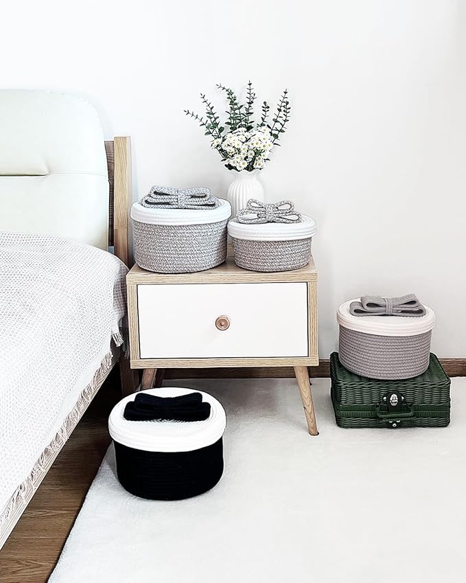 Decorative Storage Baskets with Lids, Small Woven Rope Basket with Lid, Decorative Basket for Home Decor, Dog Toy Storage Baskets with Cute Bow Handle, grayish-brown