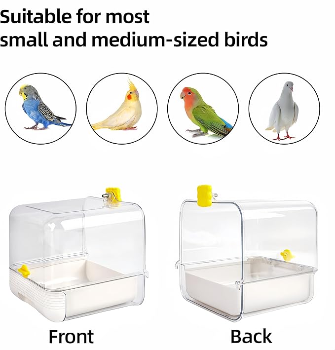 Hanging Bird Bath for Cage, with Wood Perches, Bird Cage Accessories for Small Medium Birds Lovebird, Parakeet, Cockatiel, Essential Bird 7.3" x 7.3" x 8.2" (White)
