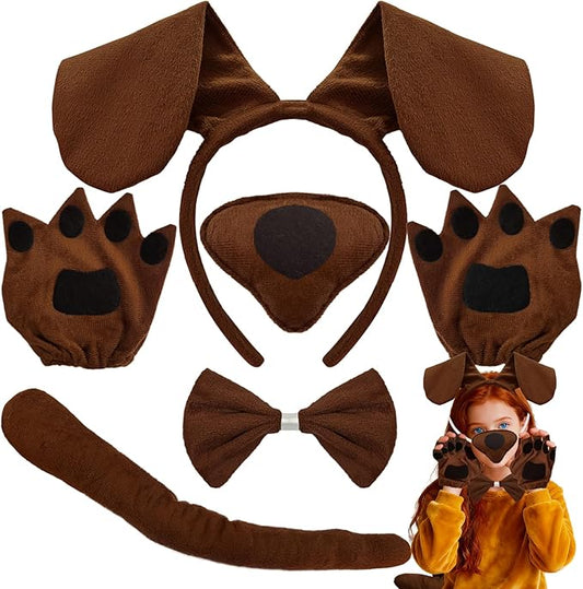 5Pcs Puppy Dog Costume Accessories Set,Dogs Long Ear Headband Nose Tail Gloves Bow Tie for Halloween Cosplay Prop Supplies Decor