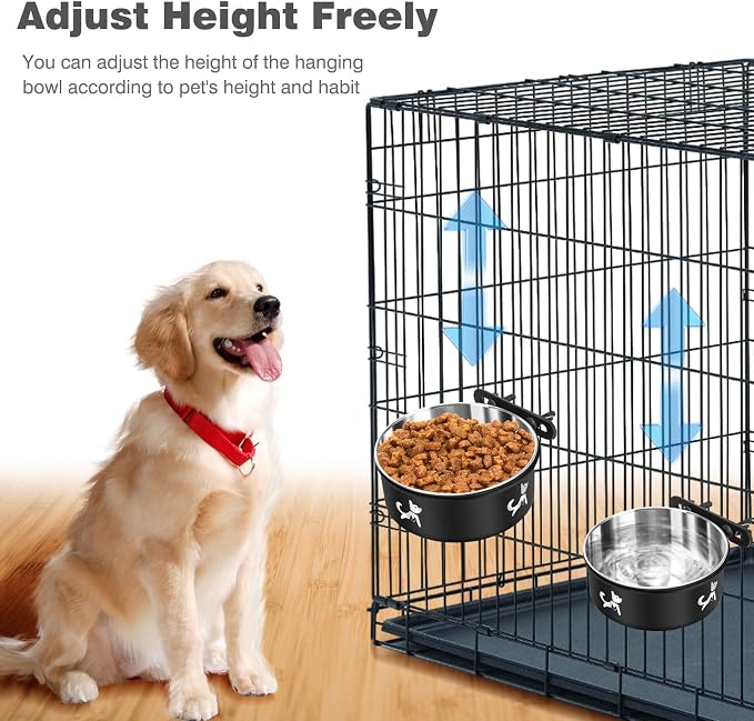 Dog Crate Water Bowl No Spill, 2 Pack Hanging Dogs Kennel Water Food Bowls, Stainless Steel Mountable Pet Bowl Metal Feeder Coop Cup Cage Accessories for Puppy Cat Rabbit Guinea Pigs Ferret Bird