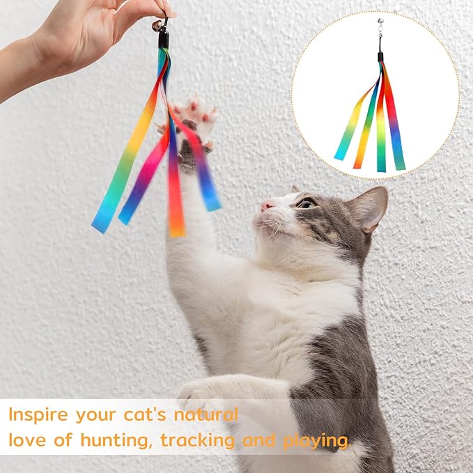 5 Pcs Cat Ribbon Toy, Cat Toy Wand Replacement Interactive Kitten Rainbow Toys Wand, Portable Cats Teaser Wands, Kitten Ribbon Refill Attachment Toys with Bell for Most Cats Kittens Small Pets