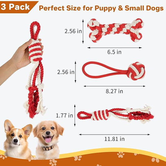 3 Pack Cotton Rope Dog Toy Set, Indestructible Chew Toys for Aggressive Chewers, Puppy Teething Toys with Bone, Human & Rope Dog Ball Designs for Boredom Relief & Tug of War， Red-White