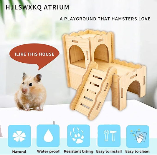 Natural Wood Hamster Habitat Hideout Cage Accessories, Maze Cabin with Fun Slide & Double-Decker House, Exercise Toys for Dwarf Hamsters, Gerbils, Mice,Other Small Animals(Only for Small Hamster C)
