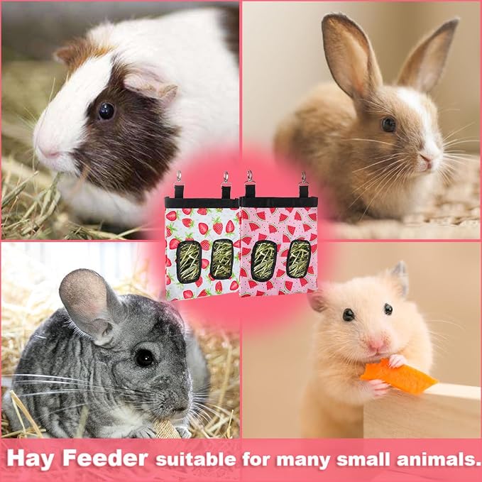 DZWLKJ Guinea Pig Hay Feeder, 2 Pack, 11 x 9 x 1 Inches, Rabbit Hay Feeder Bag, Stainless Steel, 600D Oxford, Watermelon and Strawberry