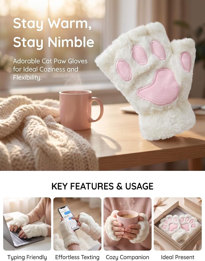 OTPEH Cat Paws Gloves Fingerless Bear Furry Paw Cute Hand Gear Cosplay Costume Accessories