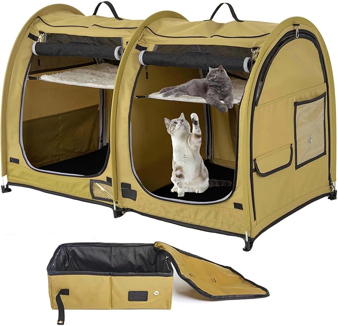 porayhut Mispace Portable Twin Compartment Show House Cat Cage/Condo - Easy to Fold & Carry Kennel - Comfy Puppy Home & Dog Travel Crate with Portable Carry Bag/Hammocks/Mats and Litter Box