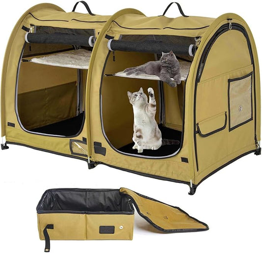 porayhut Mispace Portable Twin Compartment Show House Cat Cage/Condo - Easy to Fold & Carry Kennel - Comfy Puppy Home & Dog Travel Crate with Portable Carry Bag/Hammocks/Mats and Litter Box