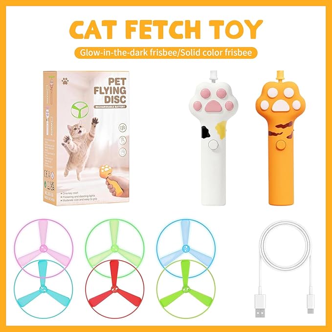 Cat Fetch Toy, Rechargeable Flying Disc Launcher Toy with 6 Flying Discs, Cat Toy Launcher, Flying Bird Cat Toy, Cat Interactive Toys for Outdoor and Indoor (Yellow)