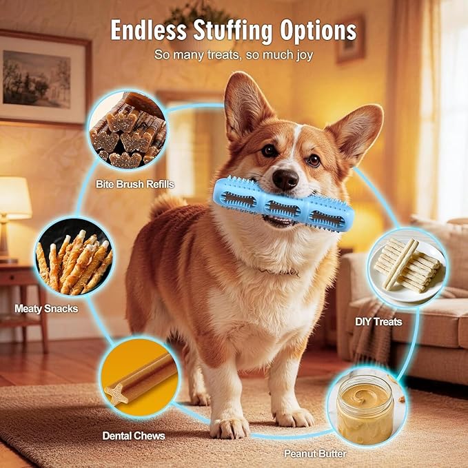 Bite and Brush 360 Dental Chew Toy for Dogs-Dog Toothbrush with Inner & Outer Textures for Teeth Cleaning, Stuffable Rubber Puppy Teething Toy, Interactive Design to Keep Them Busy(Blue)