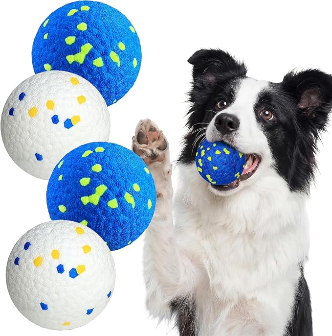 Dog Tennis Balls, 4 Pack 3" Indestructible Dog Toys for Aggressive Chewers, Outdoor Jolly Bouncy Balls, Durable Interactive Floating Dog Fetch Toy, Puppy Chew Toy for Teething, Blue White