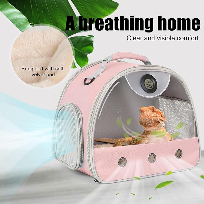 Bearded Dragon Travel Backpack Carrier with Reptile Thermometer and Humidity Gauge Lizard Travel Cage Space Capsule Clear Bubble Window Astronaut Reptile Bag for Ball Python (Pink, Carrier+I LSH)