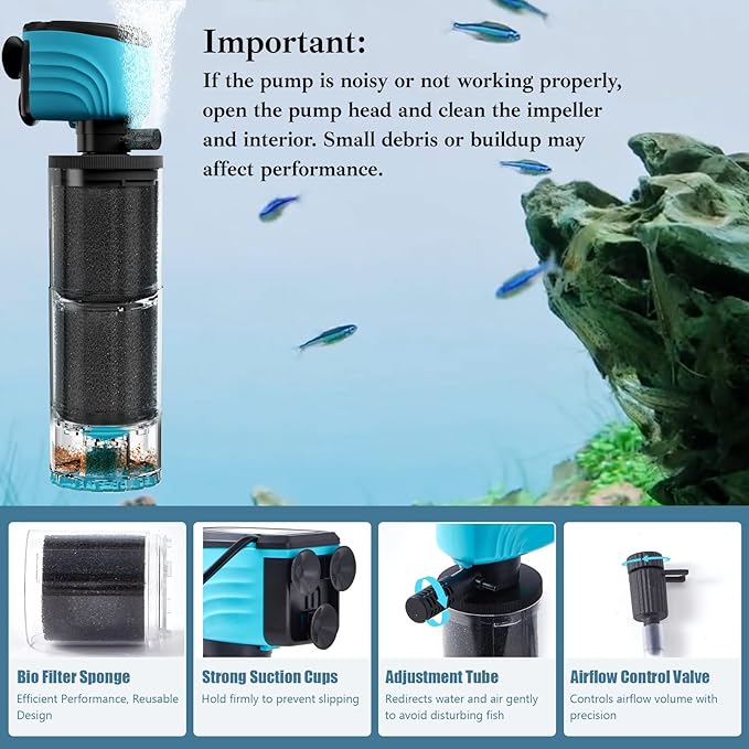 Submersible Aquarium Filter, Upgraded 100-300 Gallon Fish Tank Filter with Fish Guard, Internal Whisper Pump for Turtle Tank, Fresh/Saltwater, Check Valve, Debris Tray,15-Inch