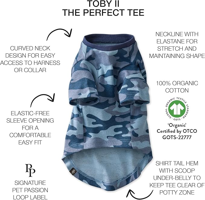 Pet Passion Toby II - The Perfect Tee, 3 Pack Short Sleeve Pet T-Shirt 100% Organic Cotton Tees Clothes for Small, Medium, Large Dogs, Navy Camo, X-Large (55-80 lbs)