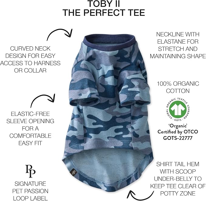 Pet Passion Toby II - The Perfect Tee, 3 Pack Short Sleeve Pet T-Shirt 100% Organic Cotton Tees Clothes for Small, Medium, Large Dogs, Navy Camo, XX-Large (70-110 lbs)