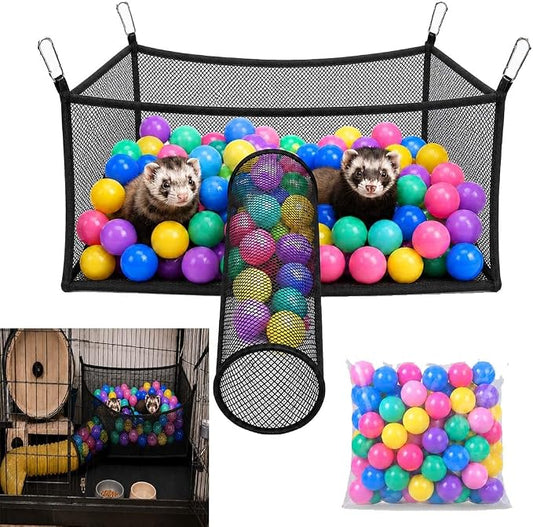 Ferret Ball Pit Hammock for Cage with 60 Colorful Play Balls, Interactive Hanging Enrichment Toy, Compatible with Ferret Tunnel Systems, Fun Activity Center for Ferrets and Small Animals