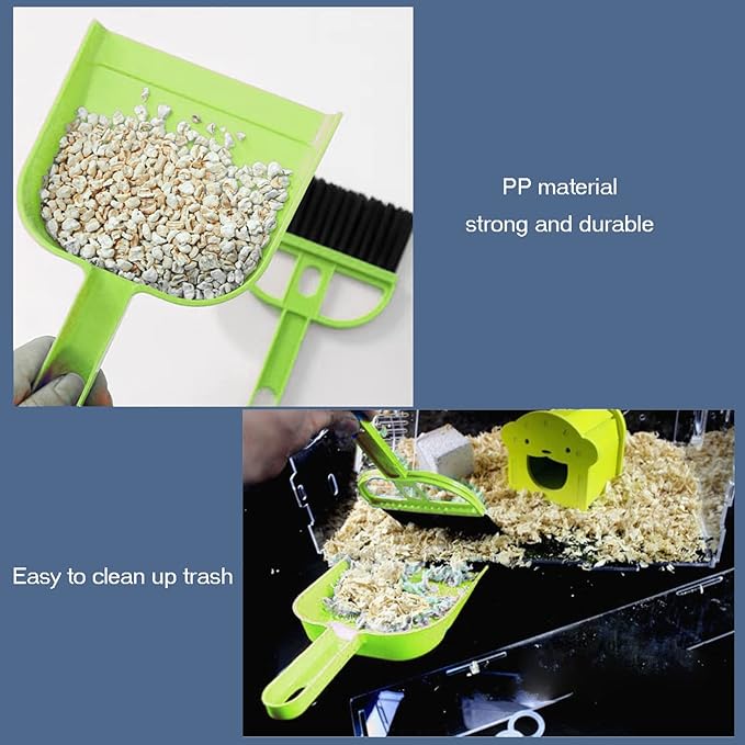 SEIS 3 Pack Hamster Mini Dustpan and Broom Set Guinea Pig Classical Besom Chinchillas Sweeper Cavy Cage Clean Hedgehogs Scooper for Small Animal (Green)