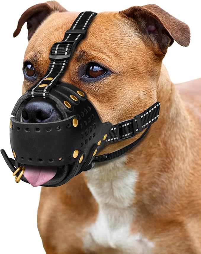 MIDOG Breathable Leather Basket Dog Muzzle for Large Medium Breeds, Anti-Biting Barking Chewing Secure Fit Muzzle for Pitbull German Shepherd, Professional Grooming & Vet Visit, Adjustable XL