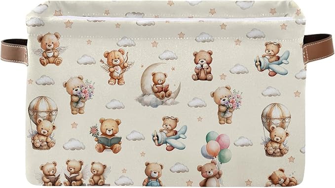 Rectangle Cute Bear Nursery Storage Basket, Collapsible Storage Box Bin with Handles for Toy, Balloon Storage Basket , Laundry Organizer for Room, Gifts for Chritsmas Thanksgiving 14.9x11x9.4