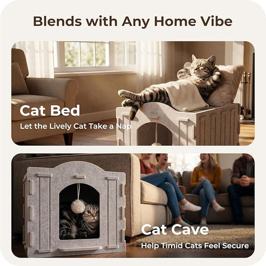 Cat Bed Cave for Indoor Cats: New Felt Cat Bed with Fluffy Ball, Foldable Cat House with Scratch-Resistant Board, Hideaway Cat Cave for Timid Cats, Sturdy Two-Tier Cat Condo & Cat Houses
