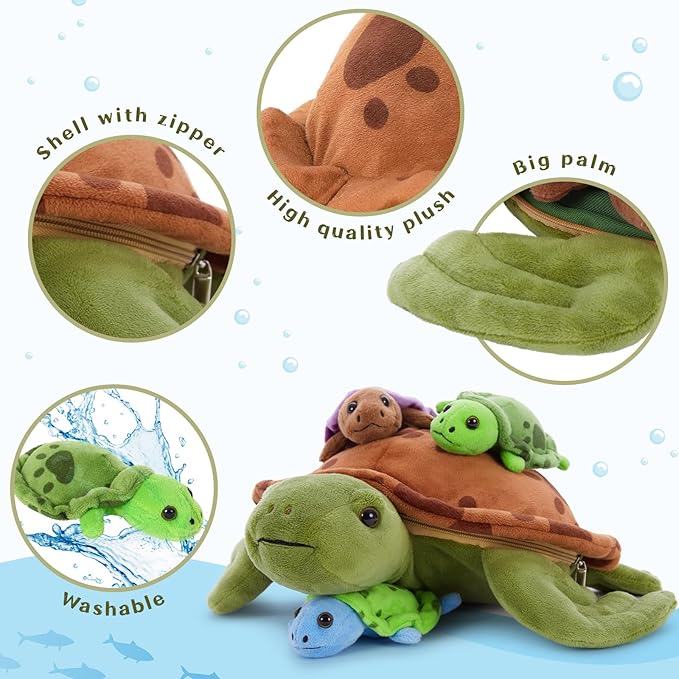 Muiteiur 4 Pcs Sea Turtle Stuffed Animals with Babies Inside, Soft 12.6 Inch Turtle Plush Toy with 3 Baby Turtles, Cute Ocean Stuffed Animals Gifts for Kids Boys Girls