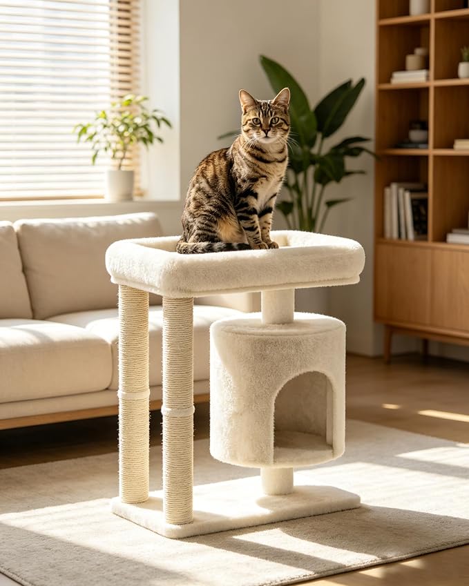 Small Cat Tree, Cat Tree for Large Cats with Perch Bed, Dual Sisal Scratching Posts, Cozy Condos for Indoor Cats Kittens, Beige