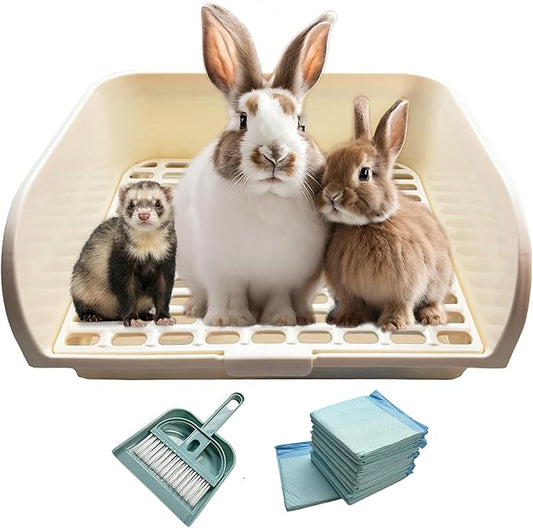 Kiwi & Mora Rabbit Litter Box - Extra Large Bunny Litter Box 17.1"x12.8" with Grate, Pee Pads & Cleaning Set - Potty Training Pan for Large Breed Rabbits, Guinea Pig, Ferret, Chinchilla, Easy to Use