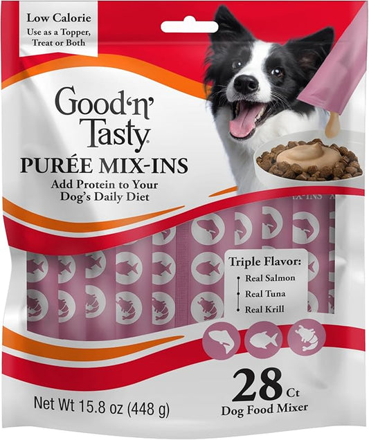 Good 'n' Tasty Triple Flavor Puree Mix-Ins Dog Food Topper Treats for All Dogs, 28 Count, Easy Single-Serve Portions, Added Protein with Salmon, Tuna and Krill, No Chicken or Beef Added