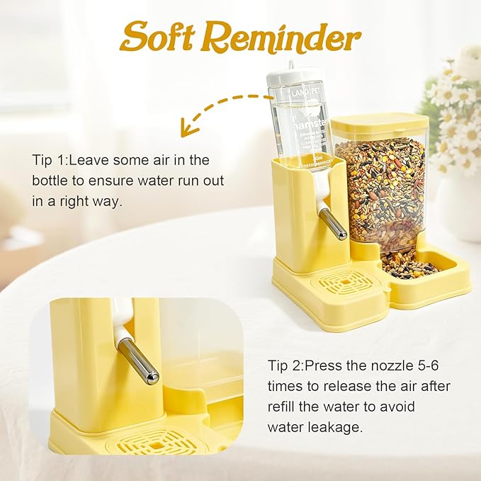 Hamster Water Bottle 2-in-1, 80ml Top-Fill Water Dispenser & 320ml Food Feeder, BPA-Free Anti-Leak Small Animal Cage Accessories for Hamster Gerbil Mouse (Yellow)