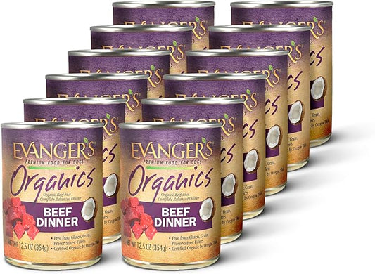 Evanger's Organics Beef Dinner for Dogs – 12 Count, 12.5 oz Each – Qualified Organic, Grain Free, GMO Free – Nutrient-Dense Recipe with Organic Vegetables – Wet Dog Food