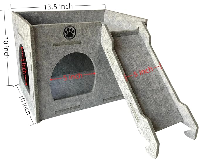 Guinea Pig Felt Hideout & House with Ramp Easy to Assemble Small Animal Sturdy Hut Habitats Decor for Piggies Chinchilla Rat Playing Hiding (Grey)