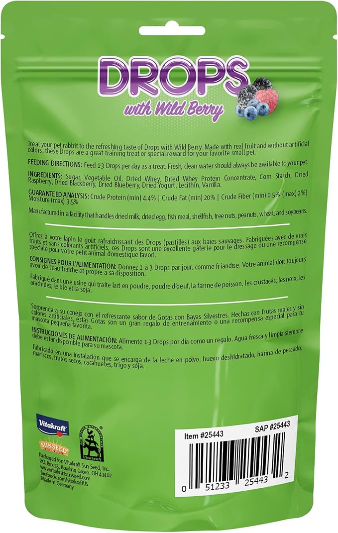 Vitakraft Drops Rabbit Treats with Wildberry Flavor – 5.3 oz Delicious Yogurt-Based Snacks for Rabbits, Guinea pigs, Hamsters, Gerbils, Mice, Rats, Chinchillas, and other Small Animals.