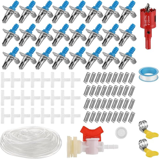 Automatic Rabbit Watering System, Rabbit Automatic Waterer Kit, 24 Pcs Drinkers with 5/16" Hose, T-Fittings, Springs, Drill, and Gasket for Bunny, Chinchilla