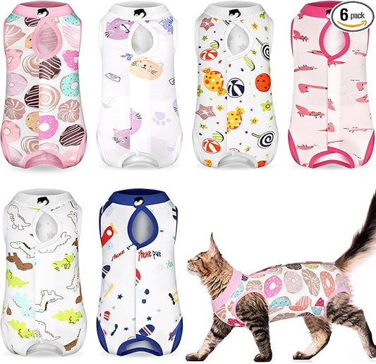 Kacctyen 6 Set Cat Recovery Suit After Surgery Female and Male Cat Kitten Surgery Suit E Collar Alternative Pajama Kitty Clothes for Spay Abdominal Skin Anti Licking(Animal,Small)