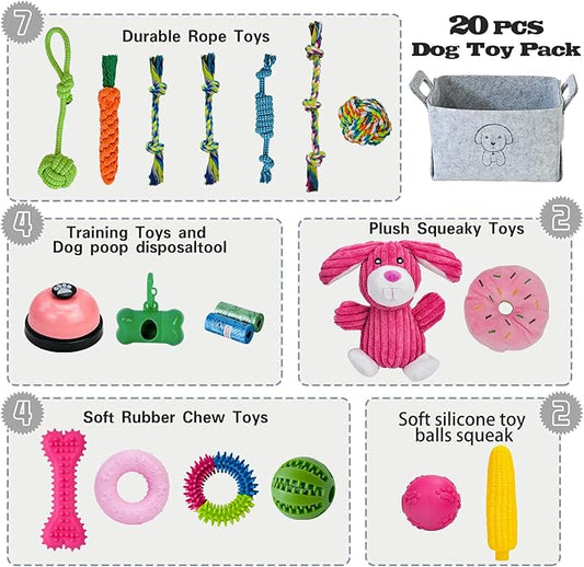 MRSOHRET 20Pcs Puppy Chew Toys for Teething, Dog Chew Rope Toys, Pet Dog Toothbrush, Treat Balls, Plush Squeaky Toy for Small Medium Dogs with Basket