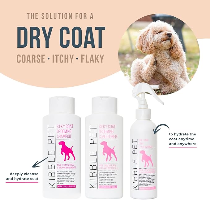 Kibble Pet Dog Leave in Conditioner Spray, Professional Grooming, Dry Itchy Skin Moisturizer, Coat Deodorizer, Long Lasting Scent, Made in The USA (Warm Vanilla Amber, 7.1 oz)