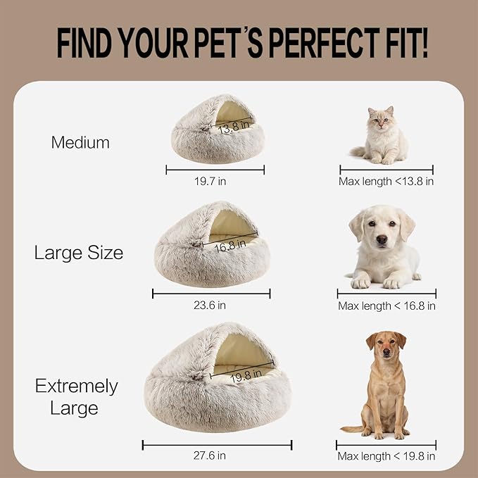 Hooded Dog Bed, Cat Cave Bed with Removable Hood, 2-in-1 Convertible Donut Cat Bed, All Season Fluffy Pet Bed for Cats Small Dogs (Cave Nest - Grey, Large Size 23.6 in)