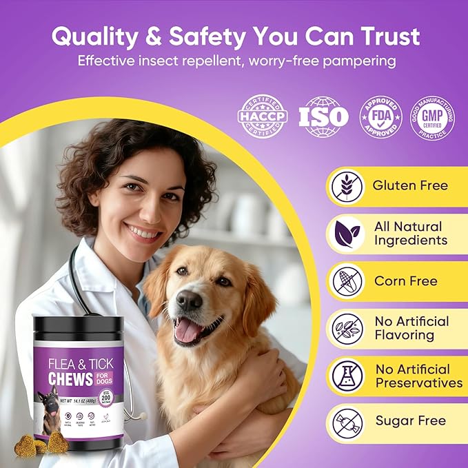 Dog Flea and Tick Treatment Chewable 200 Treatment Chews Natural Soft Chew Support Supplement Pest Defense Breeds and Ages Dogs Chicken Flavor