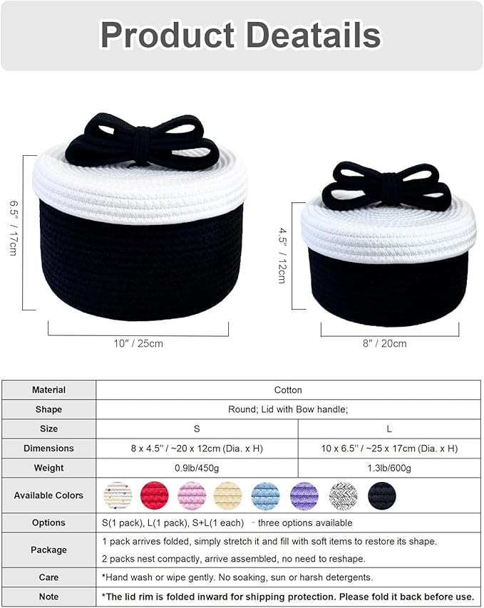 Decorative Storage Baskets with Lids, Small Woven Rope Basket with Lid, Decorative Basket for Home Decor, Dog Toy Storage Baskets with Cute Bow Handle, Black