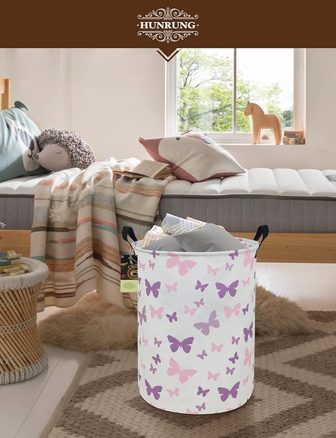 Collapsible Fabric Storage Basket, Waterproof Laundry Hamper with Handles, Round Storage Bin for Clothes Toys, Foldable Organizer for Bedroom Nursery Bathroom(Round-Purple Butterfly)