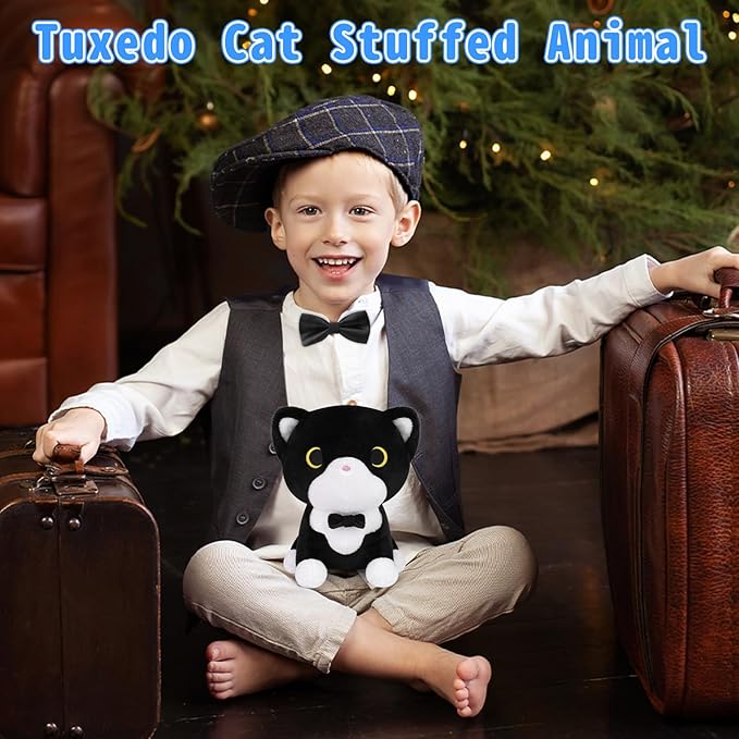 Tuxedo Cat Plush Toy, Black and White Cat Stuffed Animal with Bow Tie, Anime Plushies for Girls and Boys, Cute Soft Stuffed Cat Plushie Toys for Kids, Birthday Party