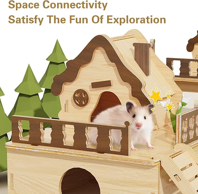 Wooden Hamster Platform and Dwarf Hamster House,Cute Syrian Hamster Tiny House Hideout,Large Balcony Lookout Holes,for Dwarf Gerbils and Mouse Mice Rat Other Small Animals(A)