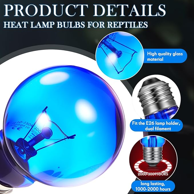 Retisee 2 Pack 100 Watt Heat Lamp Bulbs for Reptiles 120v Blue Light Heat Bulb Day and Night Reptile Bulb for or Chicks, Puppies, Bearded Dragon, Snake, Turtle