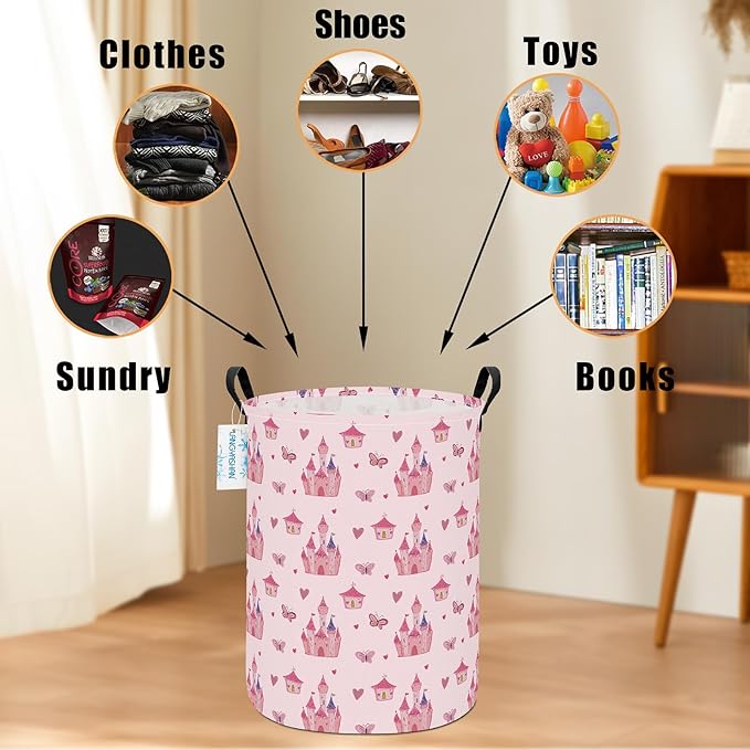 Girl Laundry Basket Canvas Fabric Collapsible Organizer Basket for Storage Bin Toy Bins Gift Baskets Bedroom Clothes Children Nursery Hamper (Pink Castle)