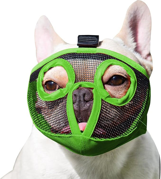 Short Snout Dog Muzzles- Adjustable Breathable Mesh Bulldog Muzzle for Biting Chewing Licking Grooming Dog Mask,Green M