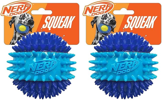 Nerf Dog 3.7in TPR 3-Part Spike Squeak Ball Dog Toy - Dark Blue/Light Blue (Pack of 2)